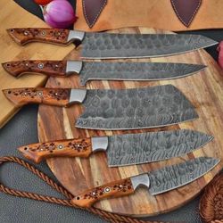 handmade damascus chef set of 5pcs with leather,damascus knife set,damascus chef