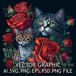 TWO CATS AND FLOWERS AI.SVG.EPS.PDF. PNG DOWNLOAD DIGITAL SUBLIMATION FILES