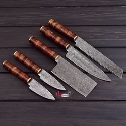 chef knives set custom handmade damascus steel knives set with leather sheath handmade set hand forged mk3895m