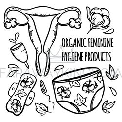 ORGANIC FEMININE HYGIENE Hand Drawn Vector Illustration Set