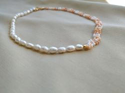 White pearl necklace, Handmade necklace, Beaded necklace, Handmade jewelry, Flower jewelry Gift.
