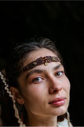 Amber macrame headpiece , boho natural stone bead necklace -choker, tribal fusion tiara diadem crystal healing sacred