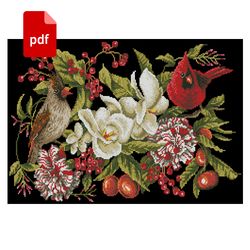 cross stitch cardinals in lilies pattern bird vintage scheme old chart digital download pdf