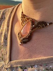 Rose quartz healing gemstone necklace, macrame rhinestone pendant, meditation mysterious rough stone jewelry, gift for