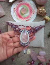 Rose quartz macrame tribal fusion Pendant, sacred spiritual healing wrapped crystal jewelry, heart chakra amulet