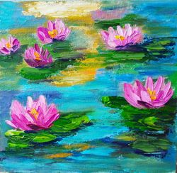 Original Art Water Lily Painting Lotus Art Oil Canvas Panel Floral Painting Pond Art 8 by 8 in by ArtByMila