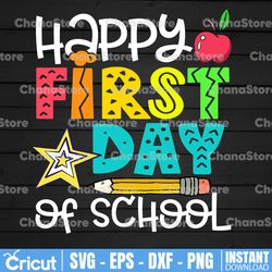 Happy First Day of School PNG Digital Design, School Clipart for Shirts, Teachers, Kids, Students, Fun Bubble Letters