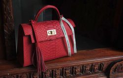Top handle red classy IDA genuine python skin bag | exotic leather bags | Elegant everyday women purse | snakeskin bag|