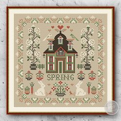 Cross stitch Sampler Spring House PDF Design Embroidery Spring Garden 322