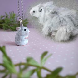 A hamster necklace memorial gift Hamster figurine white and light gray colors Dwarf Syrian Roborovski breeds