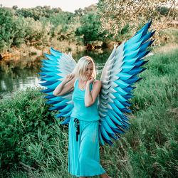 Large angel wings wearable blue silver flexible wings Halloween costume Wedding wings photo prop
