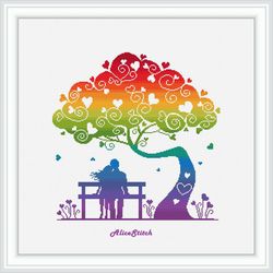 Cross stitch pattern Tree hearts lovers silhouette rainbow abstract heart love counted crossstitch patterns/Instant PDF