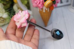 Teaspoon with decor Polimer clay, flower miniature, rose spoon, rose, flower design, kitchen decor, mommy gift,