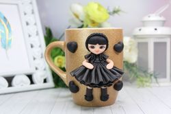 Wadnesday, mug with decor Polimer clay, doll by foto, doll mug , children products, friend gift, kitchen design