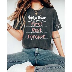 Personalized Mama T-shirt with Kids Names Sleeve, Custom Momma Shirt,Mom Is Your First Friend Shirt, Gift for Mother, Ch