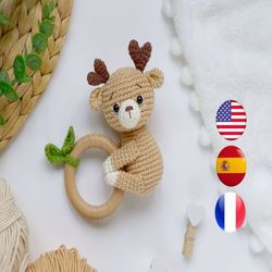 crochet pattern rattle deer, amigurumi forest animal pattern, pdf crochet baby toy pattern, crochet deer pattern