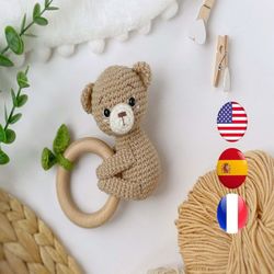 CROCHET PATTERN PDF rattle bear, Crochet teether toy pattern, Amigurumi forest animal bear, pattern for beginners