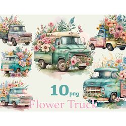 Watercolor Flower Truck Clipart | Vintage Truck Illustration