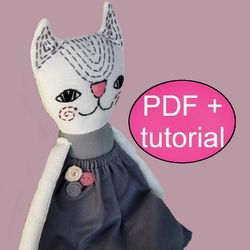 Cat doll sewing pattern & tutorial Stuffed cat toy pattern Cloth doll pattern Rag doll pattern Fabric doll pattern DIY