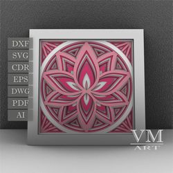 S04 - Layered Lotus Shadow Box SVG, Laser cut file Mandala DXF, Layered Mandala SVG for Cricut, 3D Lotus Mandala