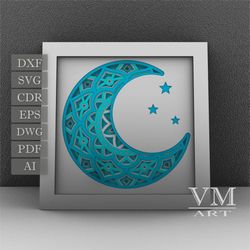 S12 - Layered Moon Shadow Box SVG, Laser cut file Mandala DXF, Layered Mandala SVG for Cricut, 3D Moon Mandala