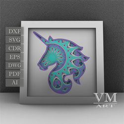 S16 - Layered Unicorn Shadow Box SVG, Laser cut file Mandala DXF, Layered Mandala SVG for Cricut, 3D Unicorn Mandala