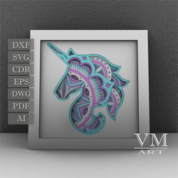 S17 - Layered Unicorn Shadow Box SVG, Laser cut file Mandala DXF, Layered Mandala SVG for Cricut, 3D Unicorn Mandala