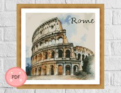 Watercolor Rome Cross Stitch Pattern,Colosseum, Pdf Instant Download ,Italy Cityscape,X Stitch Chart,Italian