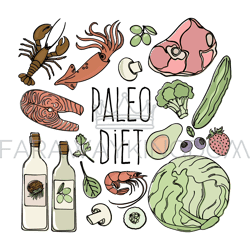 PALEO Healthy Food Low Carb Diet Menu Vector Illustration Set