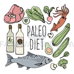 PALEO FOOD Healthy Low Carb Diet Menu Vector Illustration Set