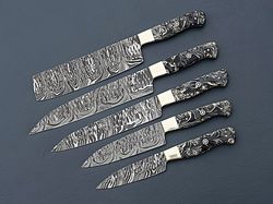 Handmade Damascus chef knife set of 5 pcs with Multi color Resin Handle Gift for Father Kitchen Knife Groomsmen Gift