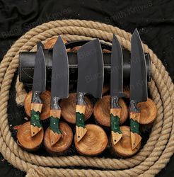 custom damascus chef knife set, japanese kitchen knife set, bbq knives set, outdoor cooking camping knife set