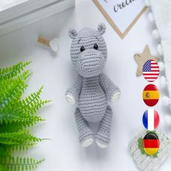 Amigurumi hippo PDF crochet pattern, Safari amigurumi animal pattern, Easy crochet toy tutorial, for beginners
