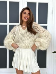 Chunky Knit Mohair Sweater, Oversized knitted sweater, Mohair fall pullover, Fluffy handmade sweater, Hand knit sweater