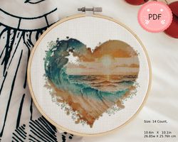 Cross Stitch Pattern,Sunset Beach Heart Shaped,Ocean Wave , Pdf , Instant Download , Sea X Stitch Chart , Coastral