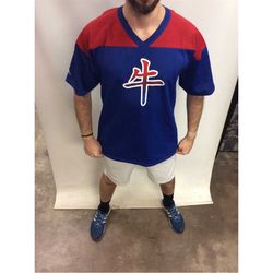 Vintage 90's Extremely RARE Buffalo Bills Japanese Symbol 'Cow' Red & Blue Majestic Football Jersey (Made in USA) (Size