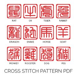 Chinese Zodiac Calligraphy Cross Stitch Pattern | Stitching Patterns | Wall Decor | Needlework | Embroidery | DMC Colour