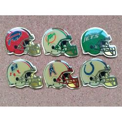 Vintage NFL (AFC East & South) football helmet enamel pins: Buffalo Bills, Miami Dolphins, New York Jets, Patriots, Hous