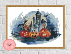 Halloween Cross Stitch Pattern,Pumpkins And Haunted House,Pdf Instant Download,Spooky X Stitch Chart,Trick Or Treat