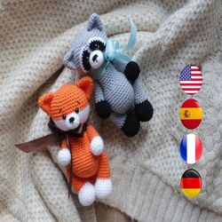 2 in 1: crochet pattern Raccoon and Fox, PDF amigurumi animals, Amigurumi fox, crochet raccoon, Forest animals