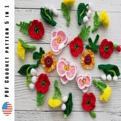 Crochet mini flowers pattern, set 5 in 1 tiny plants, Toys crochet patterns