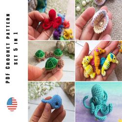 Crochet tiny sea animals pattern, set 5 in 1, Toys crochet patterns