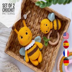 CROCHET PATTERNS SET: amigurumi bumblebee toy rattle bee, Crochet amigurumi animals, Easy pattern in English Pdf