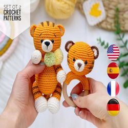 Crochet PATTERNS SET tiger: amigurumi rattle, Crochet tiger pattern, Amigurumi safari animals PDF, Rattle pattern