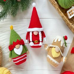 Christmas gnomes: Santa, Santa helper, Gingerbread man CROCHET PATTERN PDF 3 in 1, Winter holiday amigurumi gnome