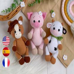 set of 3 crochet patterns farm animals: horse, cow, pig. easy crochet animal pattern, crochet toy amigurumi pattern