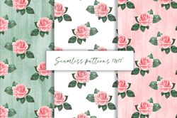 Seamless patterns of pink roses