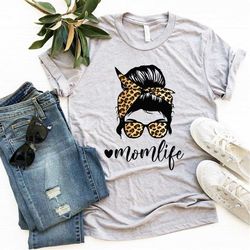 Funny Mother's Day Gift, Leopard Cheetah Print With Messy Bun, For Women Tshirt, Mom Life Kid Life, Funny Mom Tshirt, Ma