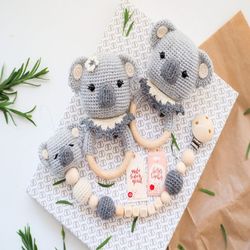 Crochet Koala rattle/teether, Pacifier clip/necklace, Pattern, PDF, English, Amigurumi, Plush toy, baby shower, Stuffed