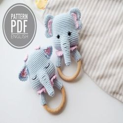 crochet elephant teethe/rattle/holder, pattern, pdf, english and german, amigurumi, baby shower, baby toy, newborn